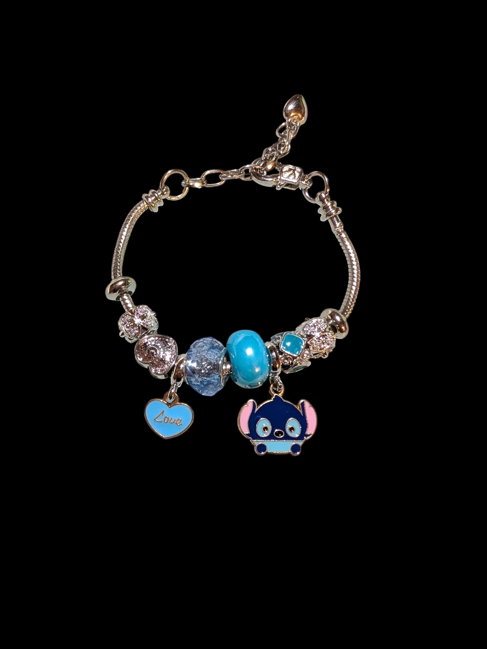 Women's  Silver Charm Bracelet with Blue Stitch and Heart Charms